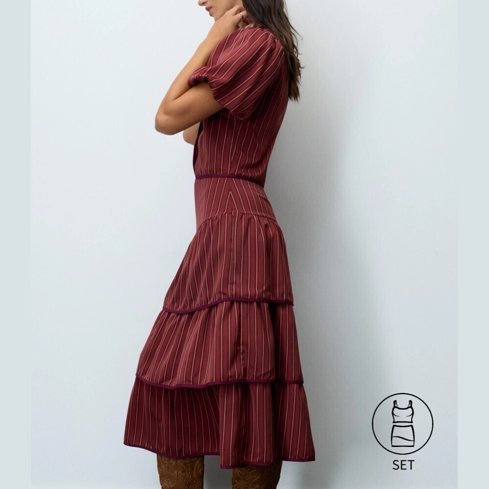Burgundy Striped Puff Sleeve Button Front Top and Tiered Maxi Skirt Set